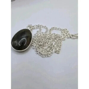 Stella Dot Silver Marbled Dark brown & Blue Double Sided Quartz Pendant Necklace